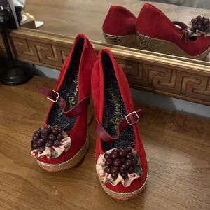 Irregular Choice- Red Platform Heels with Grape Embellishment